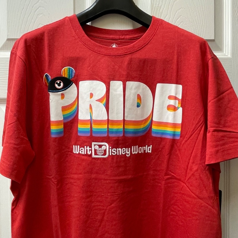 Disney Parks Adult L Pride Embroidered Red Rainbow T-Shirt Mickey Ears NWT
